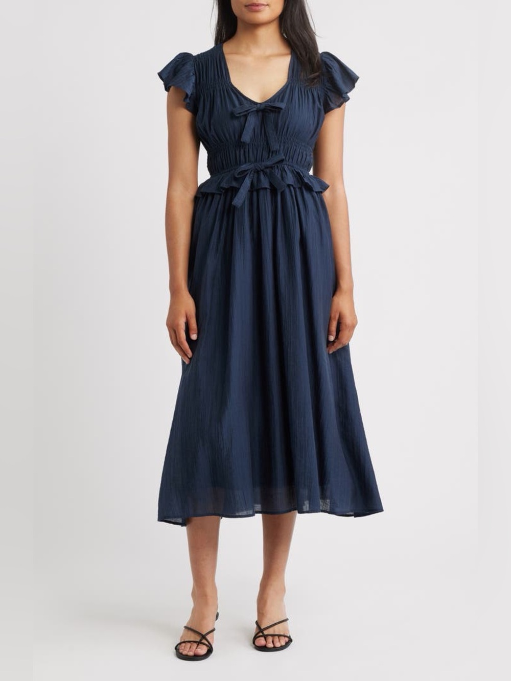Moon River Navy Shirred Midi Dress Romantic Tie Front XS